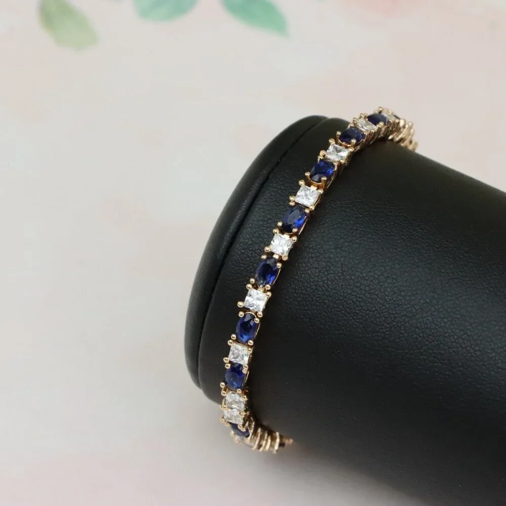 Rose Gold Bracelet with Blue & White Stones in Elegant Setting, XPBL0730